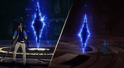 四个裂隙环绕战场,其中一个散发蓝色光罩,数名角色聚集在光罩内接受治疗