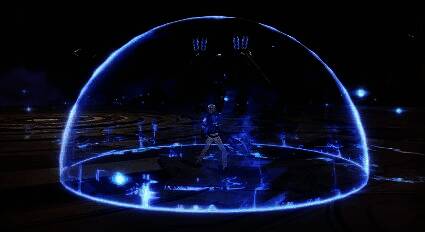 角色站在红色激光束路径中阻挡充能,身上浮现电光特效,治疗者正在为其施法