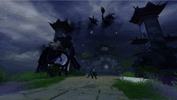 玉玑子释放技能,身后浮现多条光影巨龙,地面震动,能量汇聚成球