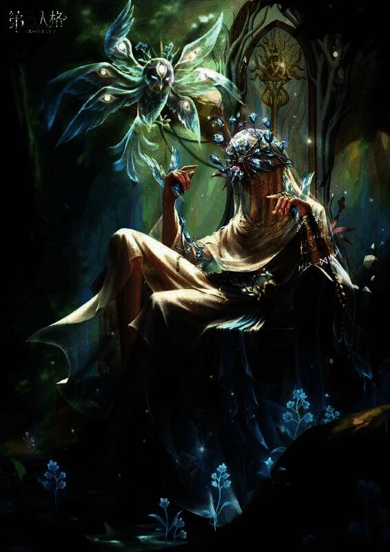 先知身穿纯白轻纱长袍,头戴透明花冠,赤足站立于盛开的花丛中,周围漂浮着发光的役鸟,整体氛围神圣而空灵
