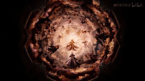 多位黄金裔角色集体亮相画面，背景为燃烧的古老神殿，象征文明的余烬