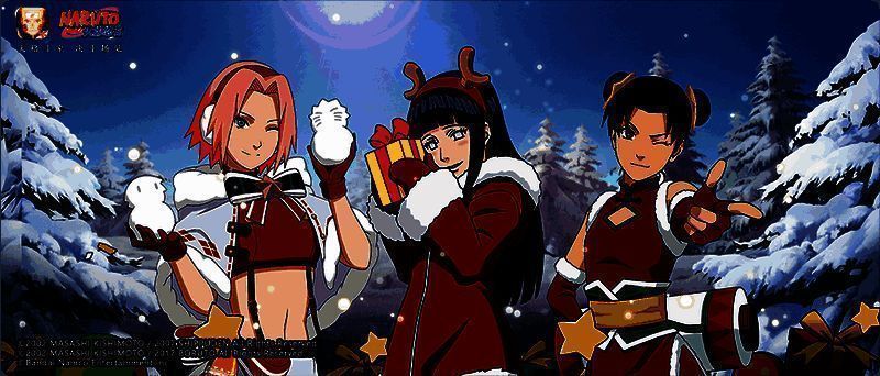 三位女忍站在雪地中,面前摆放着礼物盒,画面温馨,周围有雪花与暖灯装饰