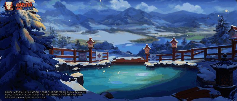 忍者们在温泉中放松,蒸汽袅袅,周围点缀着灯笼与雪花,画面温馨惬意