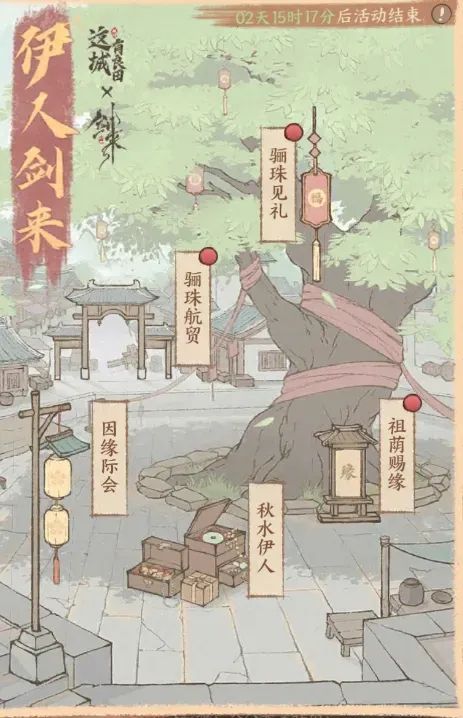 游戏内联动活动界面展示,多个任务图标环绕中央的宝剑图案,整体设计充满东方韵味