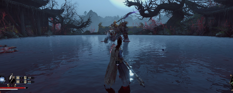 《明末:渊虚之羽》中一只心魔BOSS在昏暗亭子内现身的场景,周身环绕黑雾,造型诡谲,气氛压抑