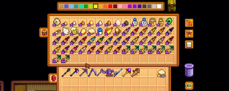 《星露谷物语》游戏内界面特写：主角手持泛着银蓝金属光泽的铱星钓竿，背景为晨曦下的鱼塘，水面倒映出微光粼粼的铱星鱼影