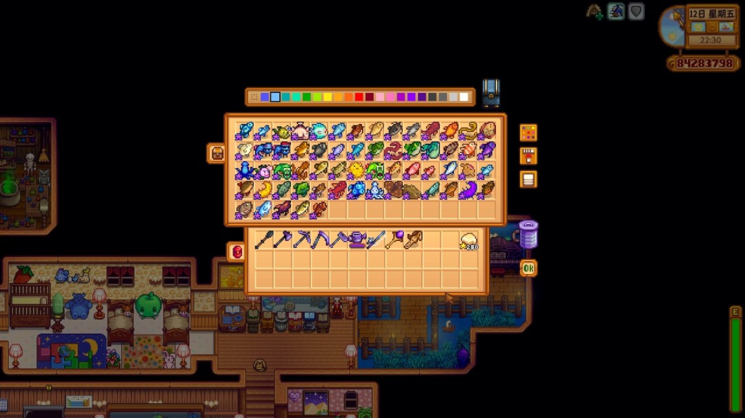 游戏截图：一排整齐摆放的熏鱼制品，每条鱼体表均覆有流动的铱星蓝紫色光晕，下方标注‘铱星熏鲑鱼’字样