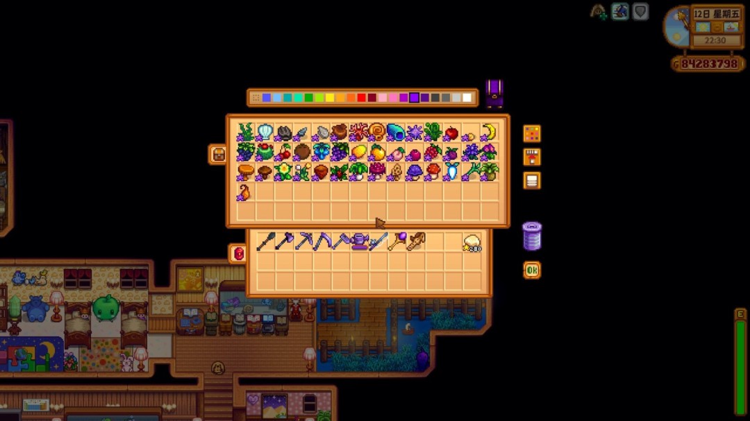 秘密森林场景：角色正弯腰拾取地面发光的铱星松露，周围落叶泛着微光，远处可见铱星蜂箱与铱星果树