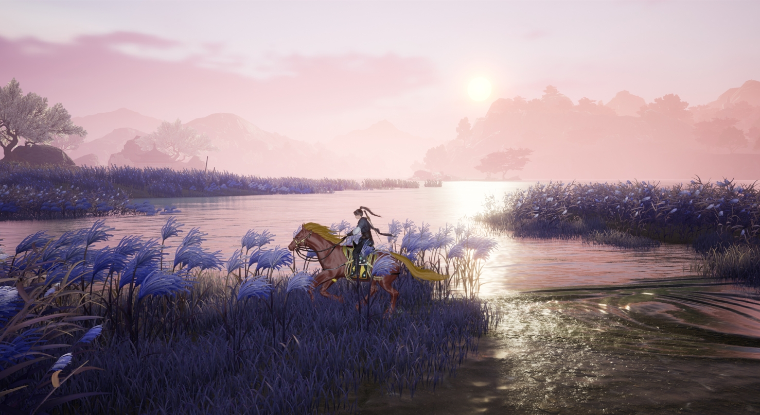 套马玩法界面演示：玩家角色半蹲持索瞄准，UI右侧显示套索蓄力条与命中提示，远处一匹通体雪白的照夜玉狮子扬蹄奔来，背景为秋日金黄芦苇荡