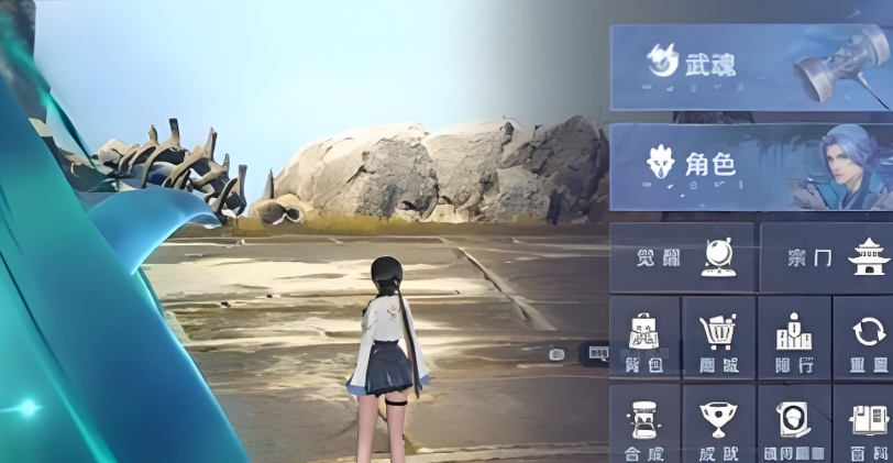 战斗界面特写，屏幕右上角悬浮圆形武魂轮盘，三枚发光图标分别标注‘蓝银草’‘幽冥灵猫’‘八蛛矛’，角色正释放幽冥灵猫第三魂技，地面浮现黑色豹影与撕裂特效