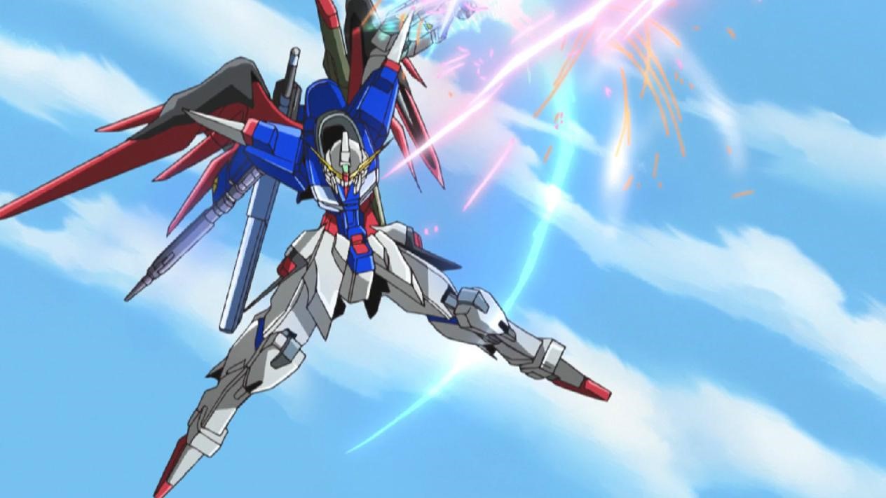 命运高达全貌特写：流线型银白机身搭配金色纹路，背部六翼光翼完全展开，悬浮于宇宙背景中，散发凛冽战意