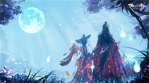 《梦幻新诛仙》万灵盛宴主视觉海报：水墨夜幕下群妖腾跃，灯笼高悬，中央悬浮巨型‘百妖夜行’篆体字，整体色调诡魅而灵动，充满东方志怪美学张力